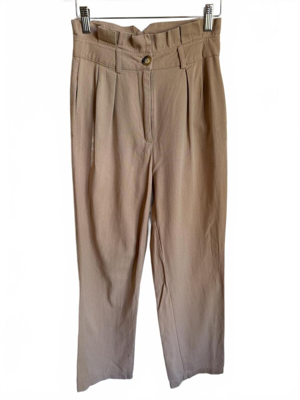 Trendyol Pleated Straight Leg Trousers 100% Cotton Beige High Waist Pants